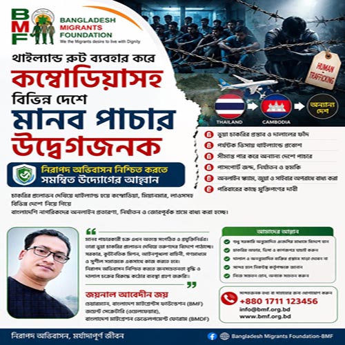 থাইল্যান্ড রুট ব্যবহার করে কম্বোডিয়াসহ বিভিন্ন দেশে মানব পাচার উদ্বেগজনক: নিরাপদ অভিবাসন নিশ্চিত করতে সমন্বিত উদ্যোগের আহ্বান